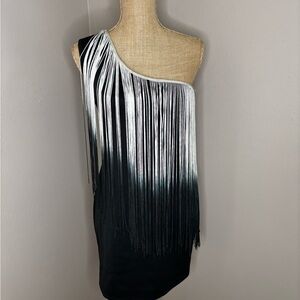 Vintage Deb One-Shoulder Black Dress with Silver Fringe Size Large Made in USA